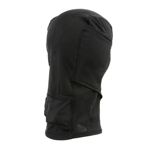 Black balaclava head covering viewed from the side