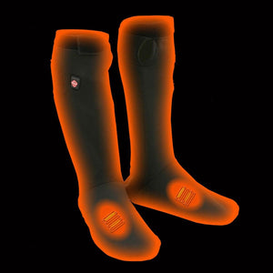 NexGen black heated socks with glowing orange heating elements on black background