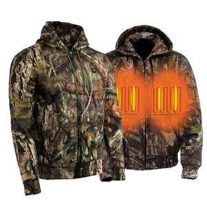Mossy Oak camo heated zip up hoodie with glowing orange heating elements on the chest