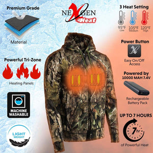NexGen Heat camouflage heated hoodie with three heat settings, rechargeable battery, and machine washable fabric