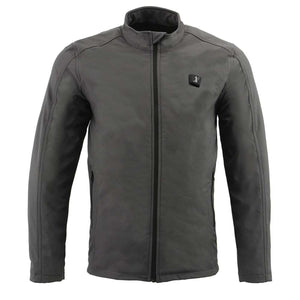 NexGen grey softshell motorcycle jacket with front zipper and stand collar
