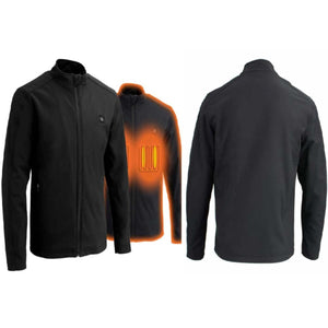 NexGen black heated softshell jacket showing front back and internal heating elements