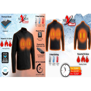 NexGen heated jacket features with three heat settings, rechargeable battery, and machine washable material