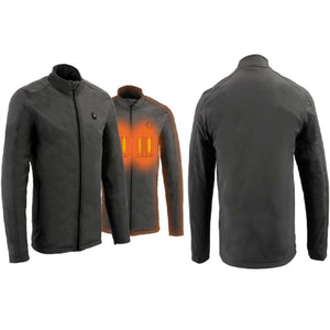NexGen grey heated jacket shown from front and back with glowing heating elements visible