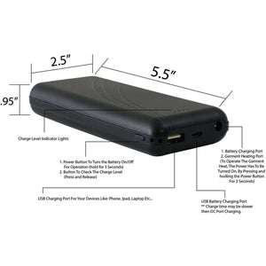 Black rectangular power bank with labeled ports and dimensions of 5.5 by 2.5 by 0.95 inches