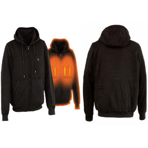 Black zip up hoodie showing front back and internal heating elements