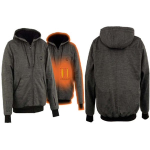 Grey zip up heated hoodie showing front and back views with glowing orange heating elements