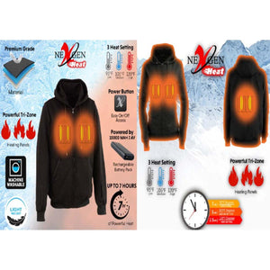 NexGen heated hoodie features showing three heat settings, battery pack, and tri-zone heating panels