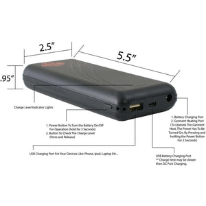 NexGen portable battery pack with dimensions and labeled ports for charging devices and heating garments