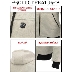 NexGen heated hoodie features showing heat control button, outside pockets, hood, and ribbed hem