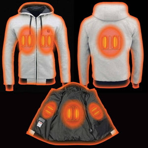 NexGen grey heated hoodie showing front back and interior heating element zones