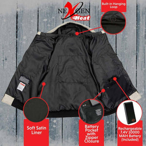 NexGen heated jacket interior showing satin liner, hanging loop, battery pocket, and included 7.4V battery