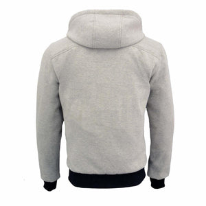 Back view of a grey NexGen hoodie with black cuffs and hem