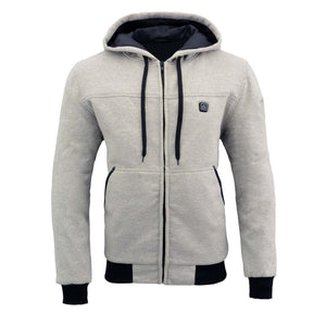 NexGen grey zip up hoodie with black trim and power button logo on chest
