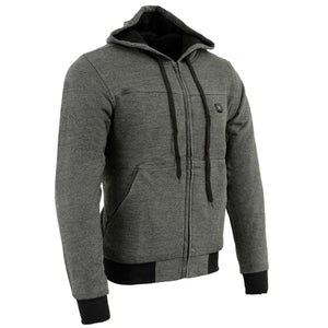 Charcoal grey zip up hoodie with black trim and drawstring hood