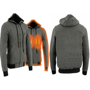 Grey zip up heated hoodie with black trim and hood