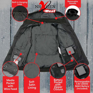NexGen heated jacket interior features including hanging loop, removable hoodie, media pocket, and battery pack