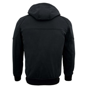 Back view of a black NexGen hooded jacket with ribbed cuffs and hem