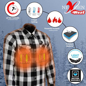 NexGen Heat plaid shirt features seven hours of heat, three temperature settings, and machine washable fabric