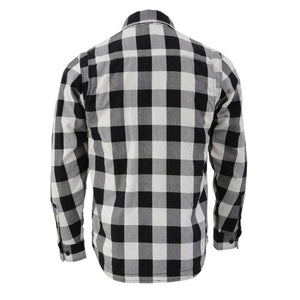 Back view of a black and white buffalo plaid flannel shirt