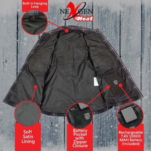 NexGen Heat jacket interior showing hanging loop, satin lining, zippered battery pocket, and 7.4V battery