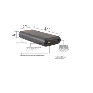Diagram of a black rectangular battery pack showing dimensions and labeled ports and buttons