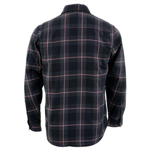 Back view of a long sleeve black and grey plaid flannel shirt with thin red grid lines