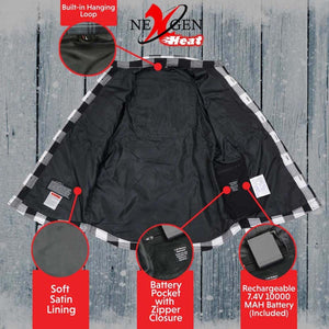 NexGen Heat flannel jacket interior features including hanging loop, satin lining, and rechargeable battery pocket