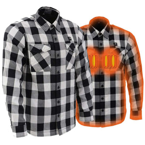 Black and white plaid flannel shirt with internal heating elements highlighted in orange