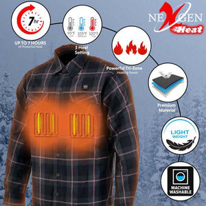 NexGen heated plaid shirt featuring seven hour battery life three heat settings and machine washable fabric