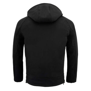 Back view of a black NexGen hooded softshell jacket