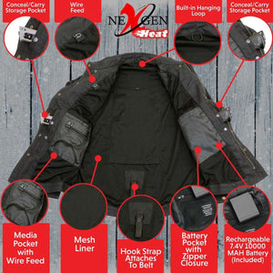 NexGen Heat vest interior features including conceal carry pockets, battery pocket, media pocket, and mesh liner