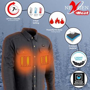 NexGen heated shirt showing seven hour battery life, three heat settings, tri-zone heating, and machine washable fabric