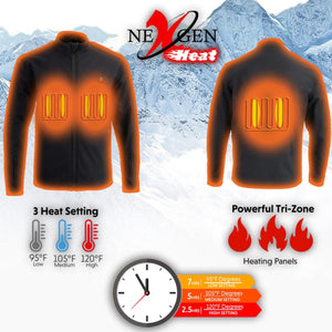 NexGen heated jacket showing tri-zone heating panels with three temperature settings and battery life durations