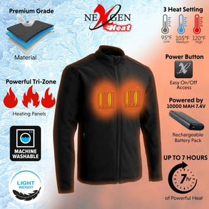 NexGen heated jacket features with three heat settings, tri-zone heating panels, and rechargeable battery pack