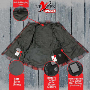 NexGen Heat flannel shirt interior showing hanging loop, satin lining, and rechargeable battery pocket