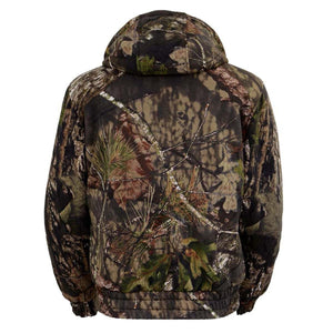 Back view of a Mossy Oak camouflage print hooded jacket