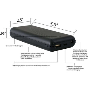 Black portable battery pack with labeled dimensions and ports for charging devices and heating garments