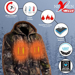 NexGen Heat camo hoodie features seven hours of heat, three settings, tri-zone panels, and machine washable fabric