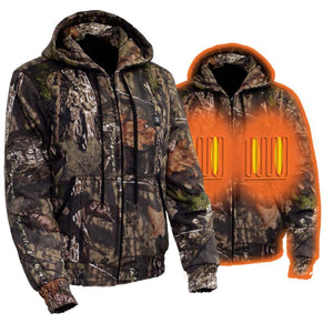 Mossy Oak camo heated zip up hoodie with visible heating elements