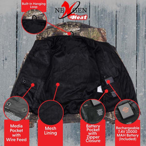NexGen Heat camouflage jacket interior features including hanging loop mesh lining media pocket and battery pack