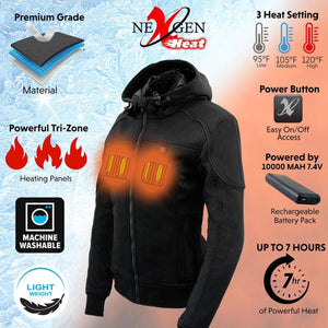 NexGen heated hoodie features with three heat settings, tri-zone heating panels, and rechargeable battery pack
