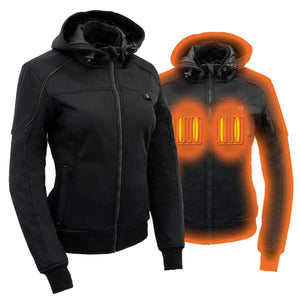 NexGen black hooded heated jacket showing heating elements on chest and arms