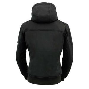 Back view of a black NexGen hooded softshell jacket