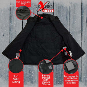 NexGen heated vest interior showing hanging loop, satin lining, battery pocket, and rechargeable battery