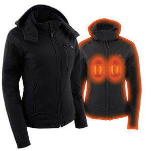 Black hooded softshell jacket with visible internal heating elements