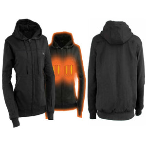 NexGen black heated zip up hoodie showing front and back views with glowing heating elements