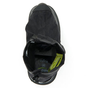 Top view of a black Neos overshoe showing the interior lining and size label