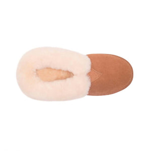 Cloud Nine Sheepskin tan suede slipper with cream wool lining viewed from above