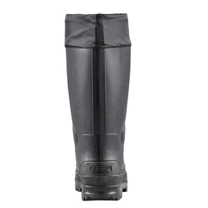 Back view of a black Baffin rubber work boot with a fabric collar
